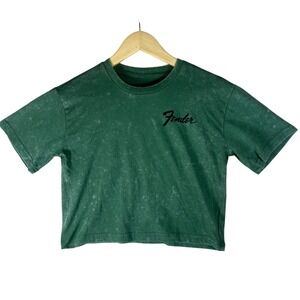 Fender Rock N Roll Guitars Cropped Graphic Tee Green NWT Mineral Wash Shirt S